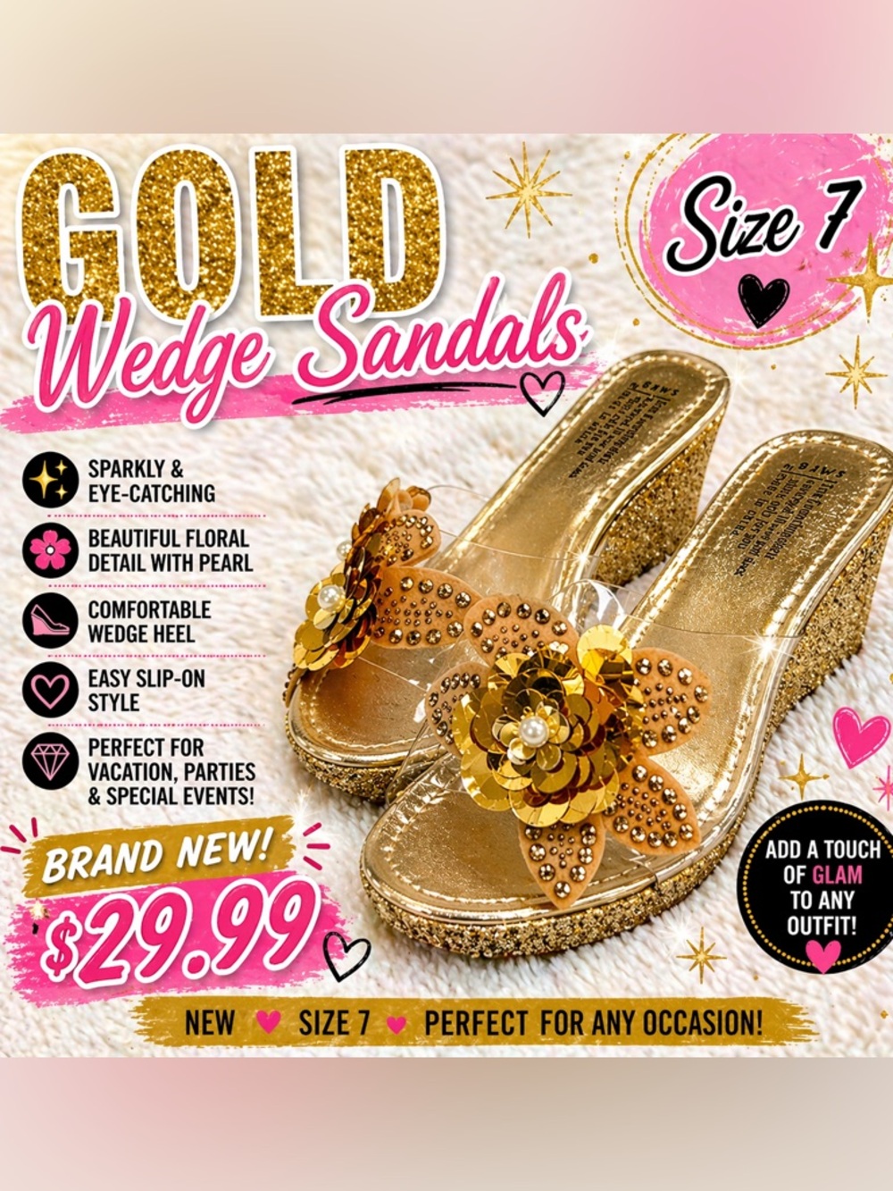 New Gold Wedge Sandals – Size 7 ✨ Sparkly Floral Dressy Slides